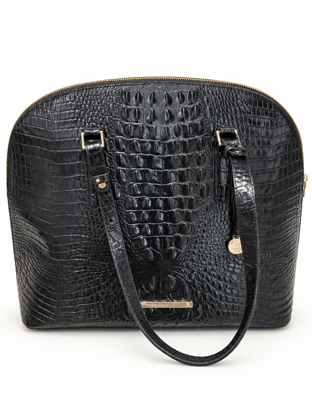 Brahmin Black Croc-Embossed Dome Shoulder Bag with Gold Hardware